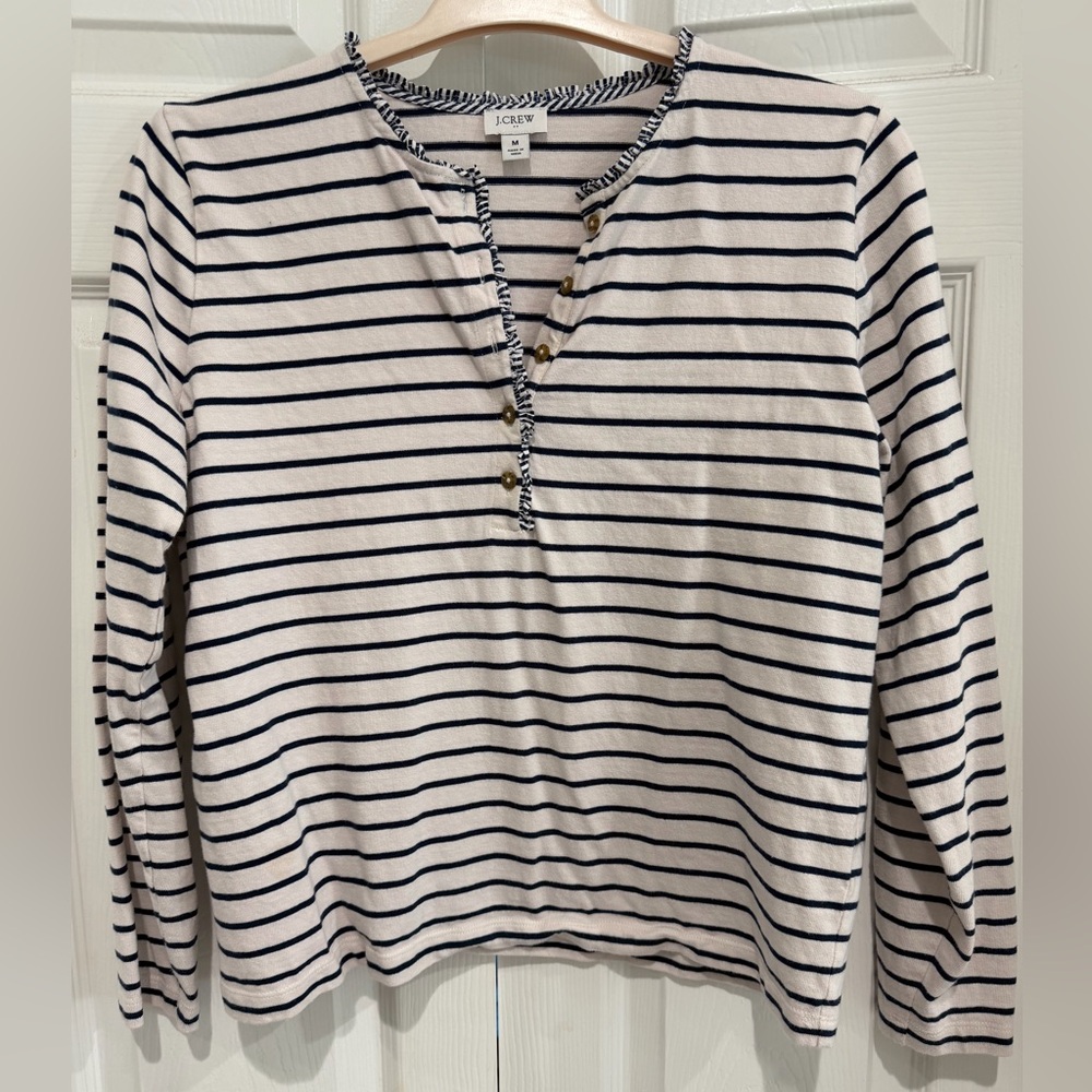 J. Crew Women's Striped Long-Sleeve Henley Top - Navy/Cream